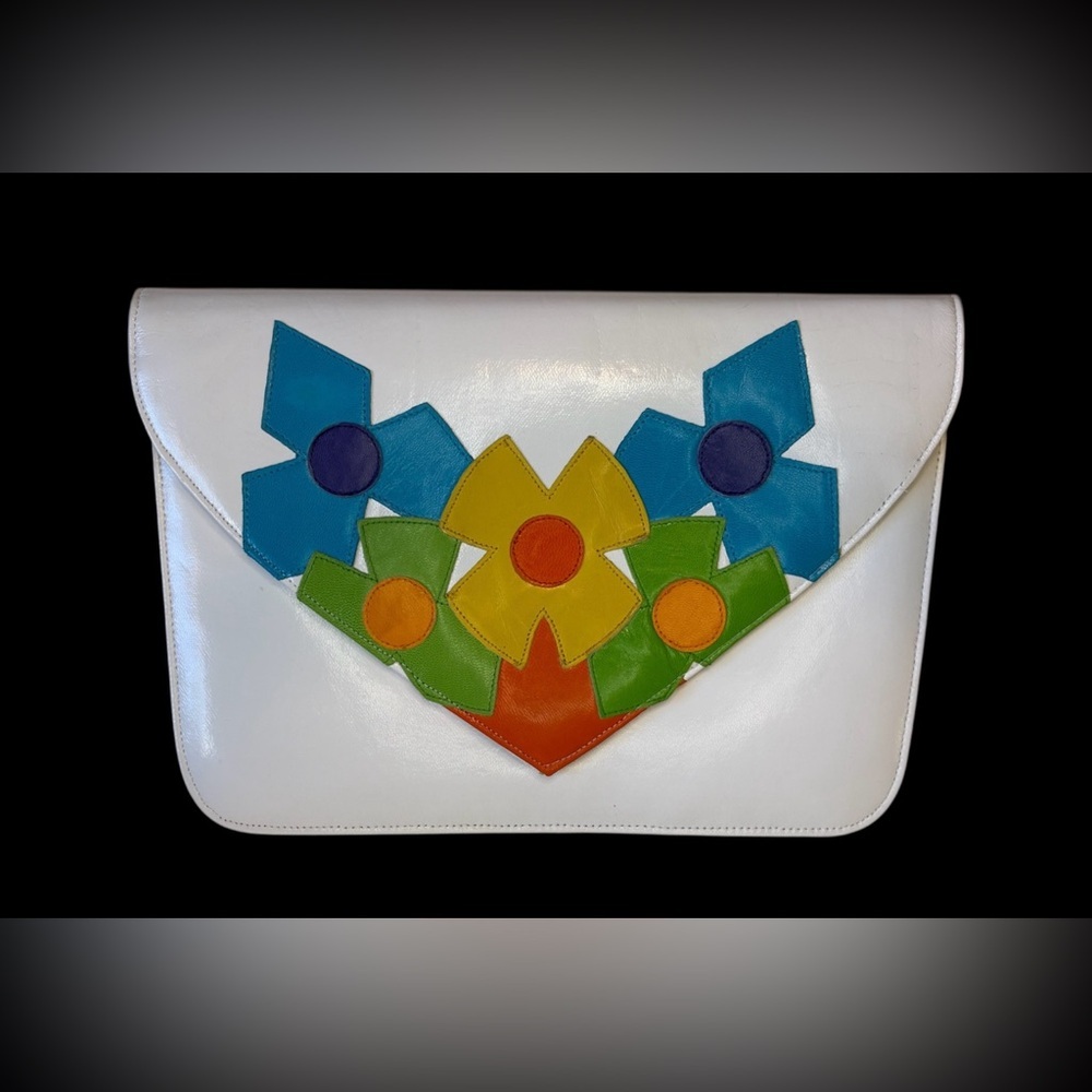 Vintage Jasmin White Leather Envelope Clutch with Multicolor Floral Appliqué